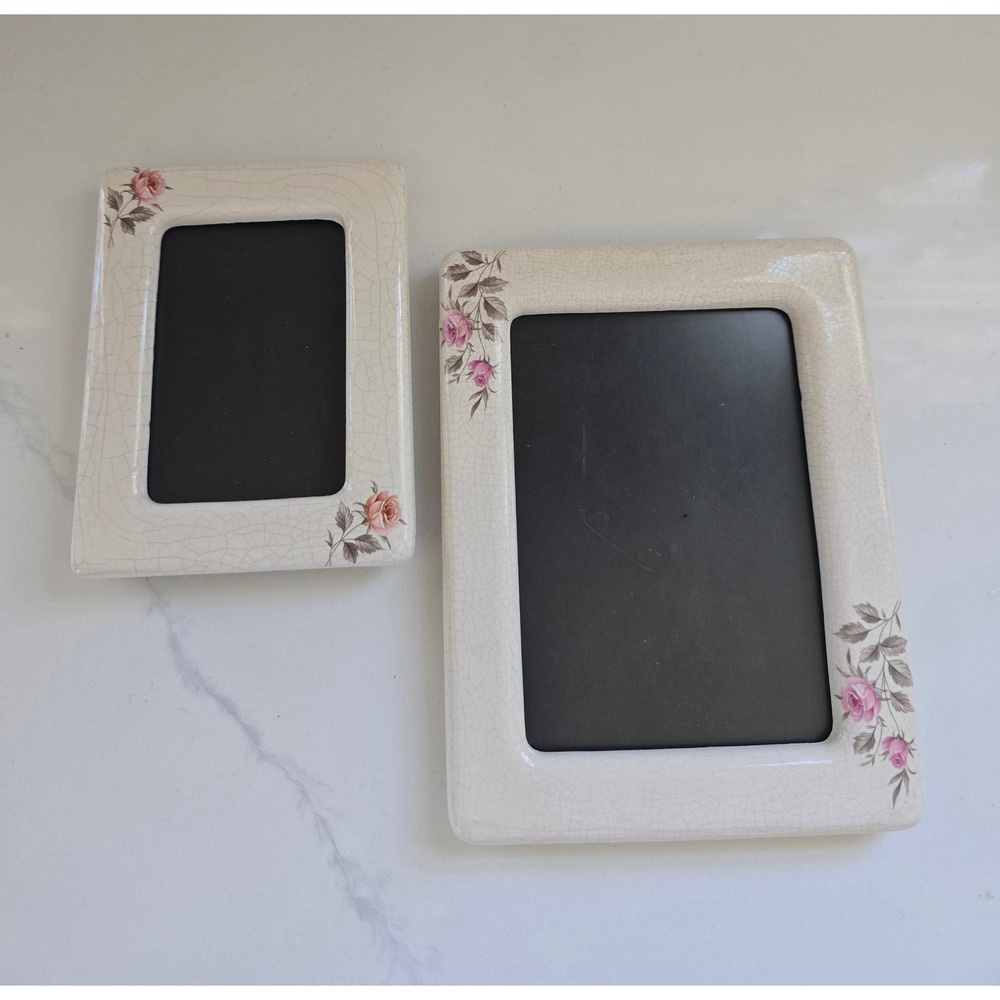Vintage Crackle Glaze Ceramic Rose Floral Picture Frame Set of 2 Shabby Chic